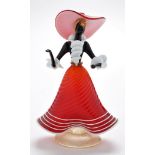 Murano: glass figure of a lady, wearing a red wide-brimmed hat and flared skirt, 25cms. (9 3/4in.