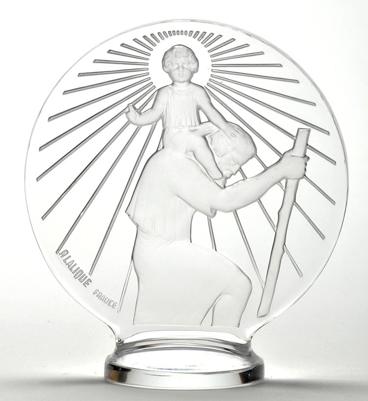 Lalique: a St. Christopher car mascot, of medallion form, impressed R. Lalique, France, 12cms.