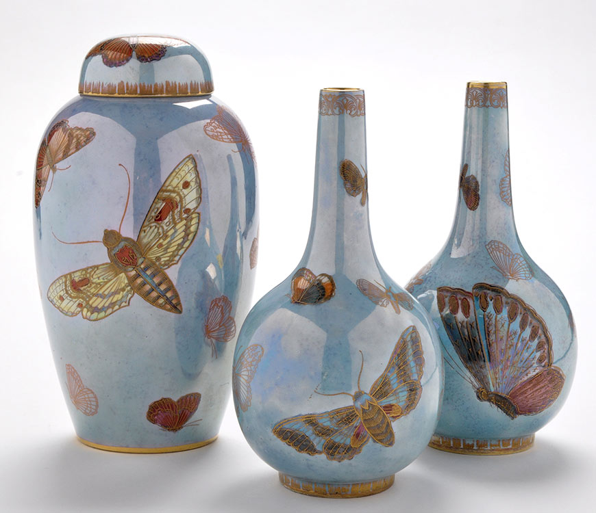 Carlton ware: "Armand" pattern garniture, with butterfly and moth decoration, factory mark to base,