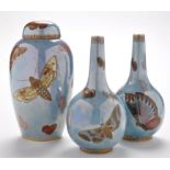 Carlton ware: "Armand" pattern garniture, with butterfly and moth decoration, factory mark to base,