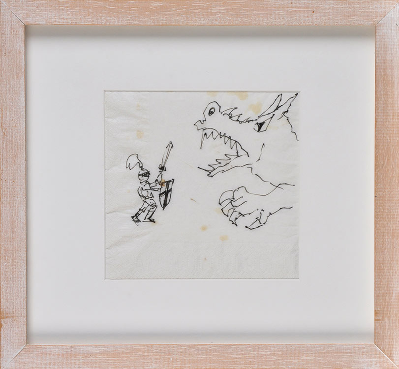 Bill Viola
"ST. GEORGE AND THE DRAGON"
pen on paper napkin
16 x 16cms; 6 1/4 x 6 1/4in.
