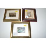 Three small silver pictures in frames, two coloured.