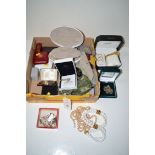 A quantity of costume jewellery and watches.