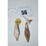 A pair of 9ct. three-coloured gold drop earrings, in diamond-pattern and beadwork.