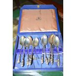Nine silver Apostle type teaspoons; together with two other teaspoons.