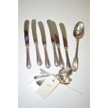A set of six tea knives with silver filled handles; together with silver tea and coffee spoons.