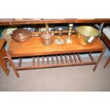 A modern teak coffee table fitted slatted undertier.