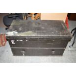 A black painted wooden carpenter's trunk, with false long drawer to front.
