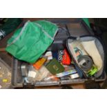 A fisherman's tackle box/seat, containing: various fishing tackle,