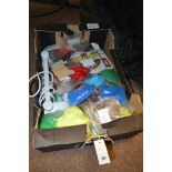 A quantity of fly tying equipment, an Angle poise lamp, fly tying vice, bags of feathers etc.