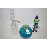 A large squat Mdina style Studio glass vase in blue and sea green; a Murano clown figure;