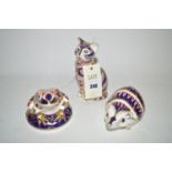 Royal Crown Derby paperweights modelled as a cat, frog and a hedgehog, various patterns.