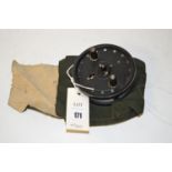 An Alcock's Flick-em 4in. reel with two black handles and tension screw, sold with canvas bag.