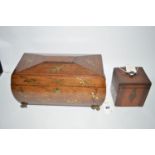 A 19th Century rosewood sarcophagus shaped tea caddy with decorative brass inlay,