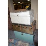 Two painted tin trunks; together with another trunk.