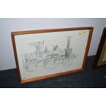 A charcoal and coloured pencil drawing - Steam Engine, by Kenneth Rowden.