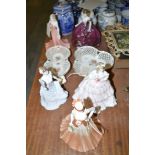 Four Coalport ware figurines; a single Doulton figurine titled 'Red Red Rose';