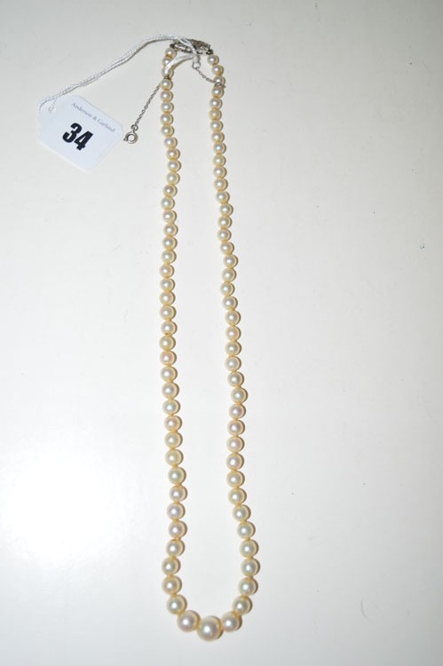 A single row graduated cultured pearl necklace, strung knotted to a  diamond set white metal clasp.