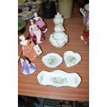 Three Coalport and one other figurines; and six pieces of Aynsley 'Wild Tudor' pattern china.