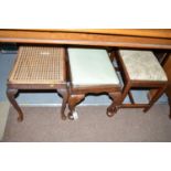 Three mahogany stools: one with cane seat and cabriole legs;