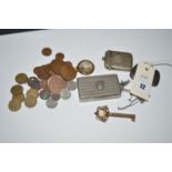 A silver gilt key pattern brooch; a silver vesta case on chain; a metal 19th Century snuff box;