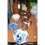 A set of three copper lustre jugs; two Oriental plates; a stoneware flagon; etc.