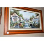 An oil painting - Continental street scene with river, by Dallas Simpson, signed.