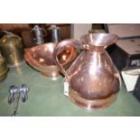 A two gallon copper measure; together with a large copper bowl.