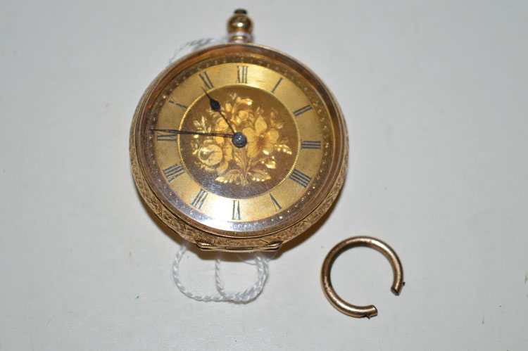 A yellow metal cased fob watch, the gilt rim and dial within a floral decorated case stamped K.18.