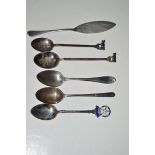 Five silver teaspoons; and a silver butter knife.