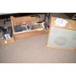 A Heathkit speaker system in a wooden cabinet; another speaker system in a cabinet; and sundries.