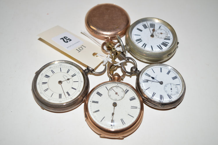 Two silver cased open faced pocket watches; two gilt cased pocket watches,