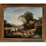 19th Century British School
STUDY OF SHEPHERD AND HIS FLOCK WITH COTTAGE AND LAKE
indistinctly
