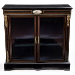 A Victorian ebonised cabinet, the frieze with central Sevres style panel and boxwood stringing,
