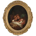 19th Century Continental School
TWO GIRLS WATCHING OVER A SLEEPING INFANT
oil on metal panel
46.