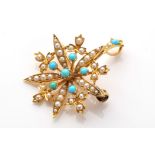 An Edwardian seed pearl and turquoise set flower head pattern brooch/pendant,