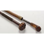 Two African clubs, one with turned wood head and platted wirework grip, 17in.