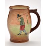Royal Doulton 'Golf' tankard, of bulbous form with golfer swing his club whilst his caddie looks on,