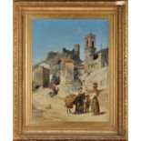 Charles H*** Poingdestre
(1825-1905)
AN ITALIAN HILLTOP TOWN WITH FIGURES AT A WAYSIDE