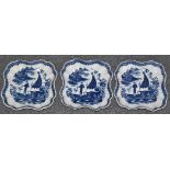 Set of three Caughley square shaped dishes, printed with 'Fisherman and Cormorant',