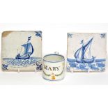 Two blue and white Delft ware 'Marine' tiles, with boats in sail, probably Dutch,