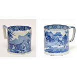 Two Pearlware blue and white printed mugs, with Middle Eastern and pastoral scenes,