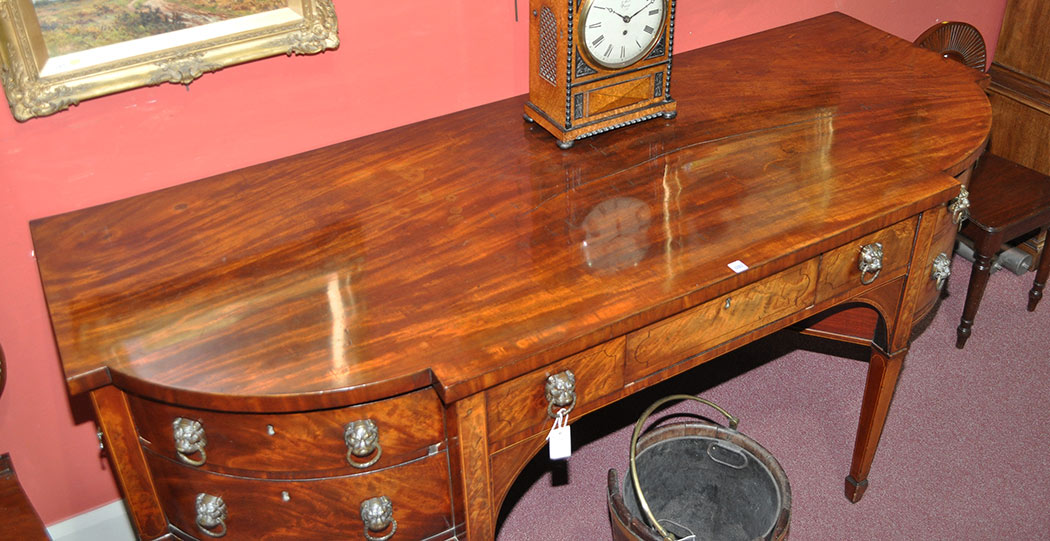 A George III mahogany breakfront sideboard, the shaped top above central frieze drawer, - Image 3 of 6