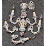 Naples five branch chandelier, with applied flowers and foliage between gilt detailing,