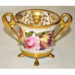 Derby gilt and floral painted two handled cup, the painting in the manner of William Billingsley,