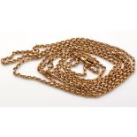 A 19th Century yellow metal muff chain, of oval faceted links, stamped 9c, 148cms long.