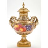 Royal Worcester urn-shaped painted vase and cover, signed "H.