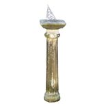 A cast metal sundial on stone stand, the sundial inscribed "Ray Brown '83,