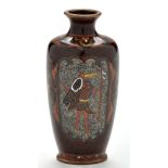 Small Japanese cloisonne vase, the body with two cartouche-shaped panels having armoured figures,