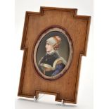 German painted oval porcelain plaque, with quarter profile of young lady in renaissance dress,